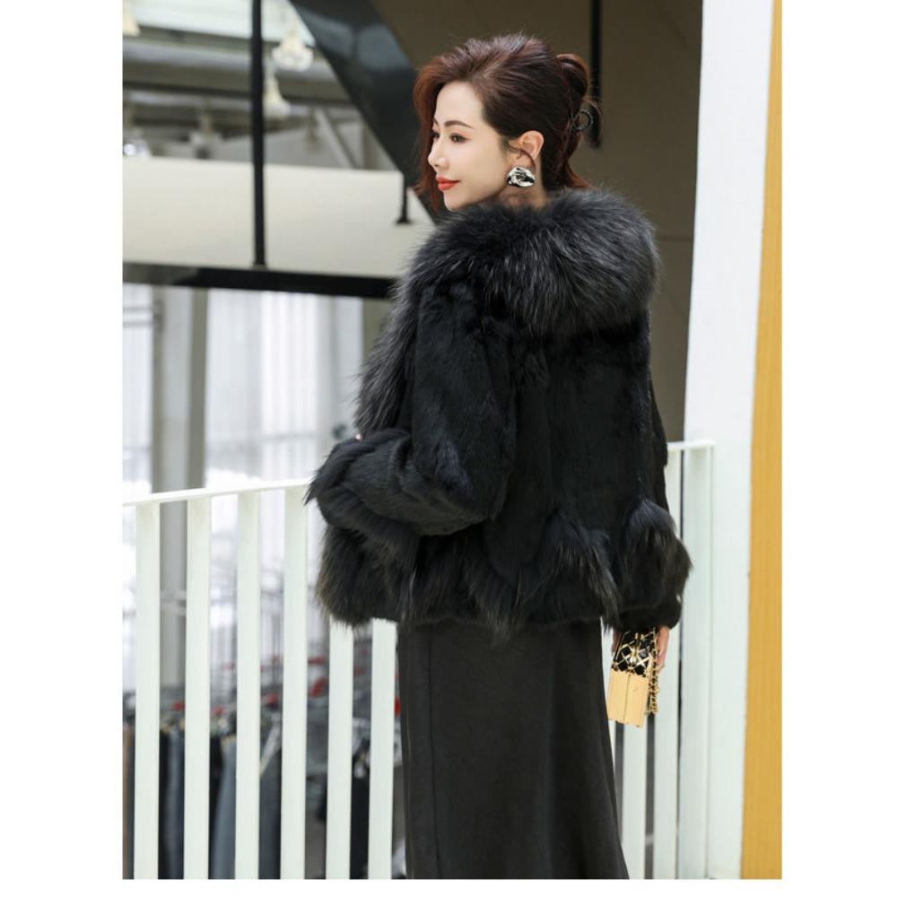 Fur Mid-length Whole Leather Rabbit Fur Coat White Goose Down Lining Raccoon Fur Collar New Autumn and Winter Coat