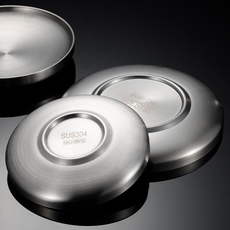 Household Double-layer Heat Insulation 304 Stainless Steel Plate, Disc, Flat-bottomed Dinner Plate, Dish, Flat Plate Barbecue European Style