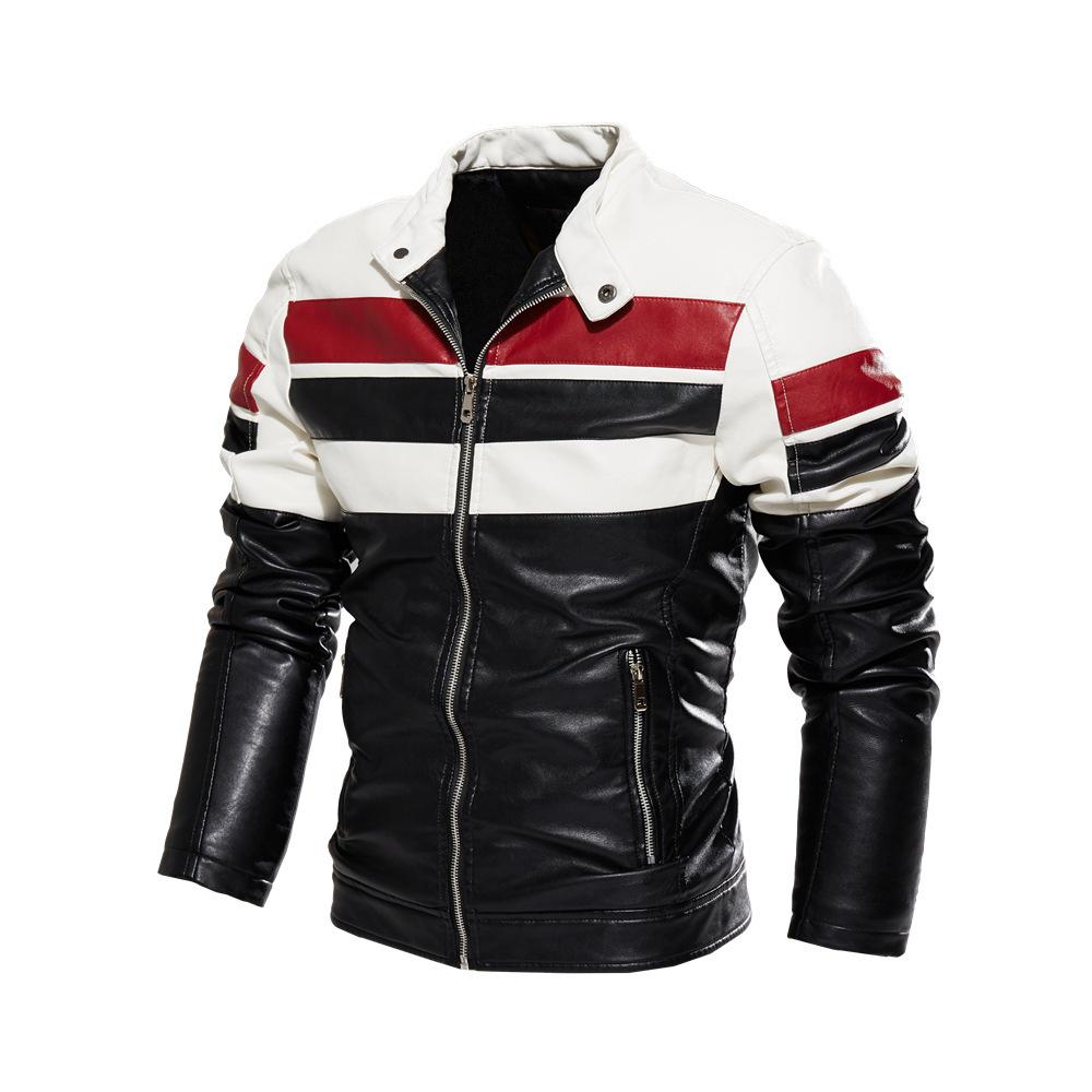 Vestes pour hommes Nouvelles vestes de moto pour hommes Vestes en PU à blocs de couleurs Vestes en cuir pelucheux du même style Vestes pour hommes L noir