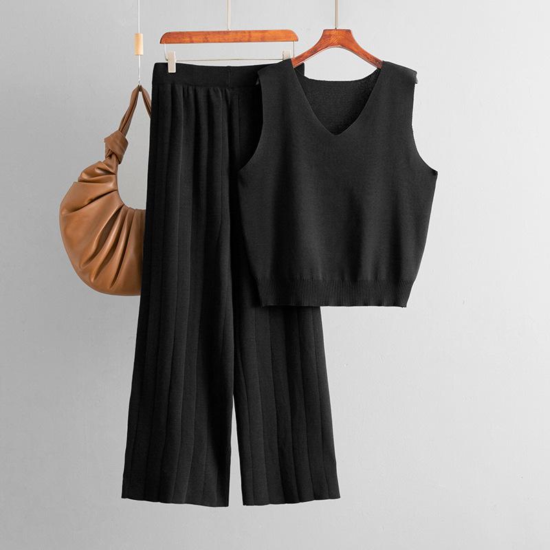 Summer Fashion Set V-neck Solid Color Knitted Tank Top High Waist Casual Wide Leg Two Piece Set