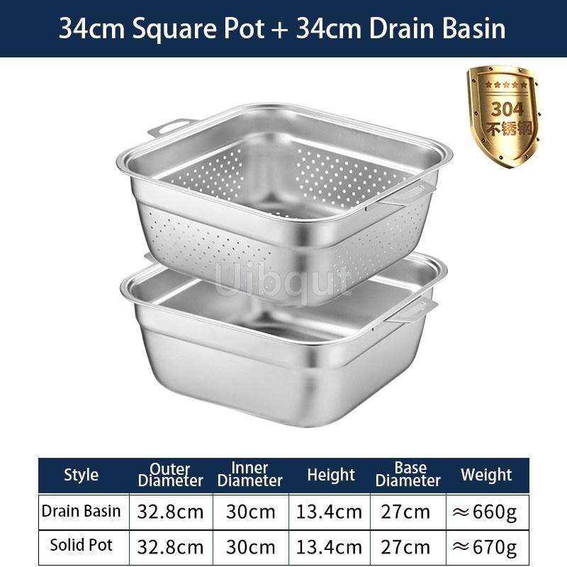 304 Stainless Steel Square Perforated Strainer Flat Bottom with Side Handles Colander for Washing Vegetables Marinating Tray