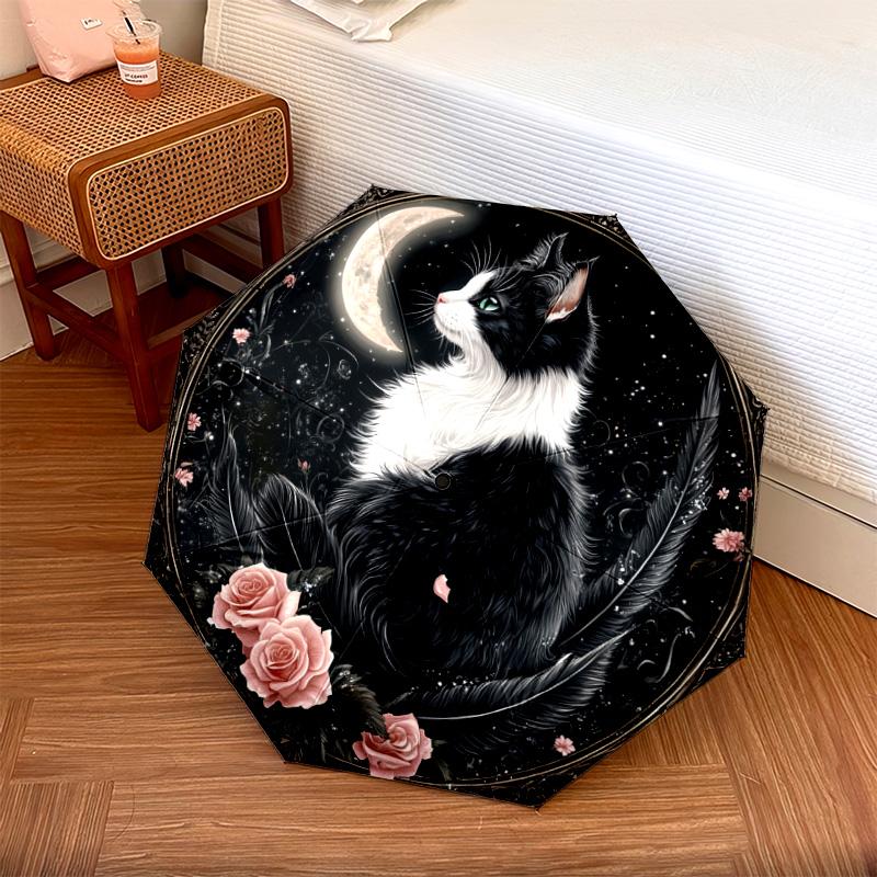 1 PC Automatic Folding Umbrella - Black and White Cat with Moon Pattern, Portable & Foldable Design with 8 Ribs, Christmas Birthday Gifts