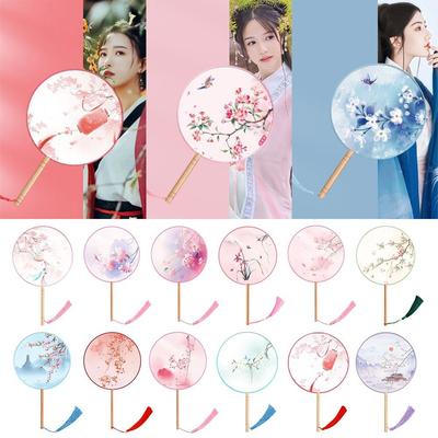 Half Transparent Round Hand Fan Long Handle Silk Fan Hanfu Embroidered Fan  Dance Performance