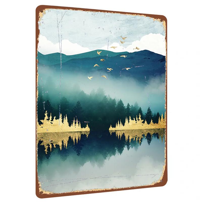 

Golden Forest Landscape Reflected Iron Painting Modern Home Wall Decor Living Room Art Hanging 20x30cm（7.8x11.8inch）