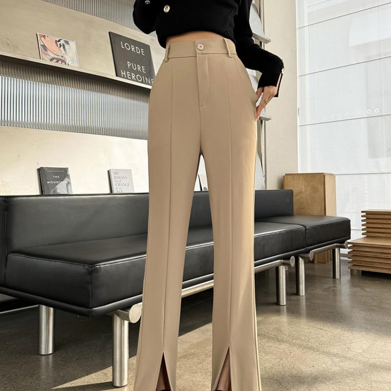 Black Flared Wide-Leg Pants High Waist Draped Petite Casual Slim Straight Floor-Length Split Suit Pants
