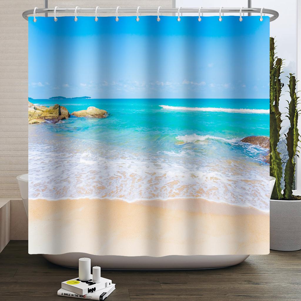 Coastal Beach Shower Curtain Ocean Wave Seaside Landscape Print Waterproof Bath Curtain For Bathroom Decor Polyester With Hooks