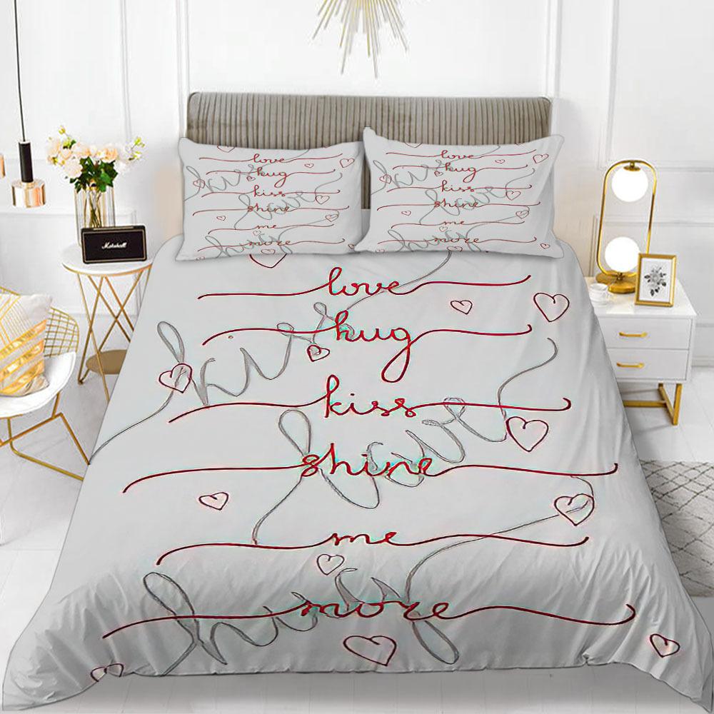 Love Theme Duvet Cover Set King Queen Size Heart Shape Romantic Letters Pink Flower For Kids Girls Couples Polyester Bedding Set