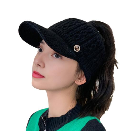 Yousheng Damen Baseballkappe Verlängerter Schirm Leerer Oberteil Einfarbig Strickmütze Verdickte Plüsch Faux-Kaninchenfell Mütze