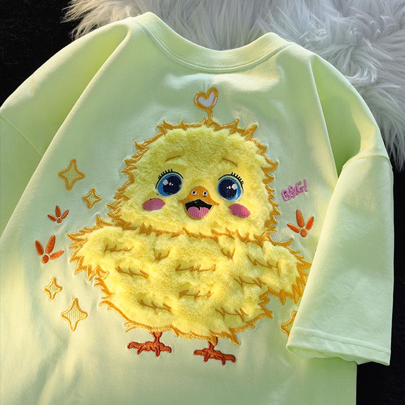 

Женская японская футболка с флокированным глупым цыпленком - Короткий рукав, Летний художественный дизайн, Стиль колледжа, Парный топ XXL