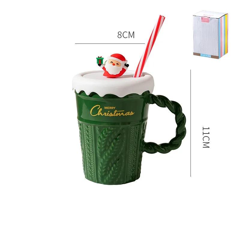 Mug de Noël Créatif Arbre de Noël Mug à Eau en Céramique Haute Apparence Tasse en Céramique Horizontale avec Paille Couverte Avec Main Cadeau YLE035