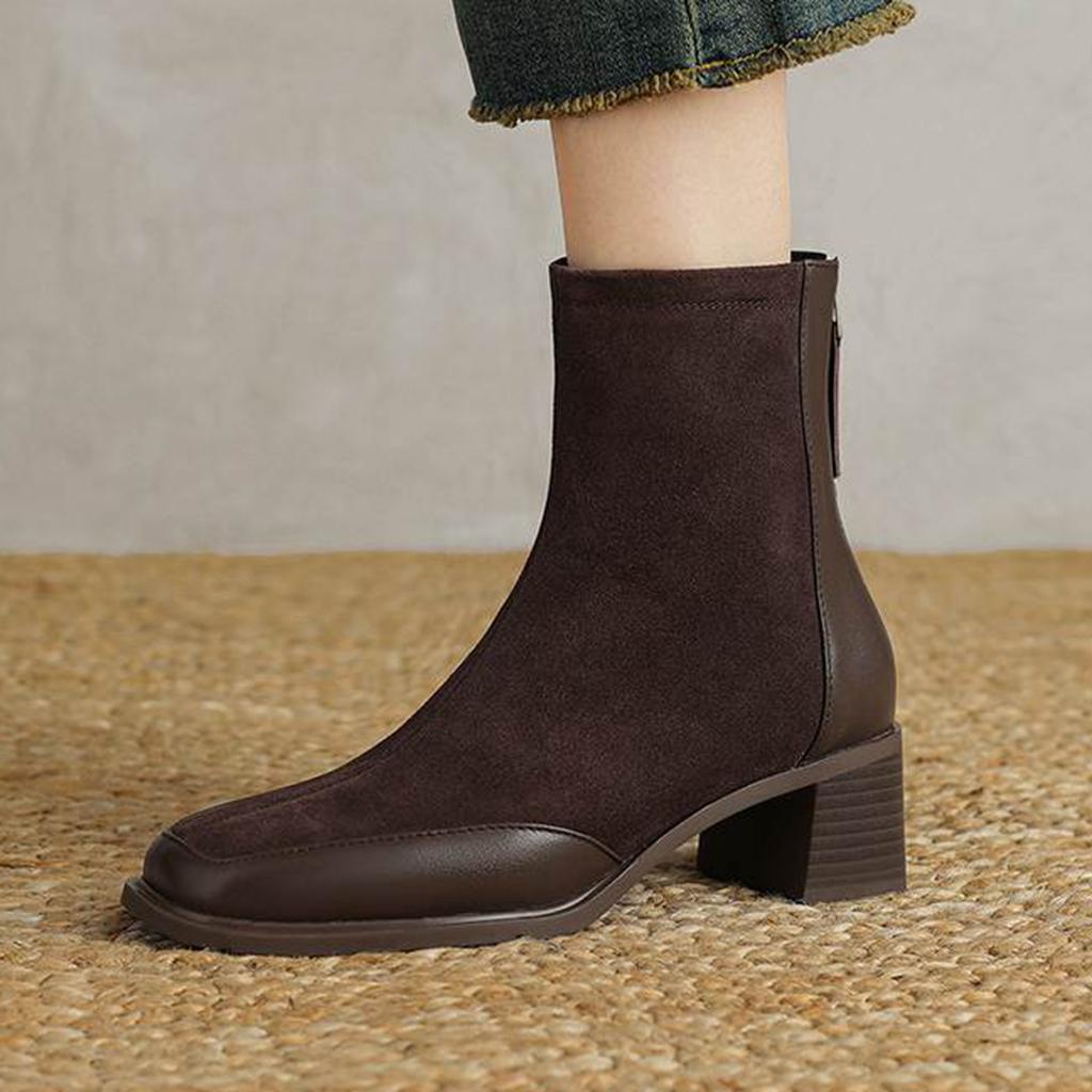 Krazing Pot Cow Suede Nubuck Autumn Winter Shoes Thick Heels Size 42 Square Toe Zipper Vintage Ankle Boots