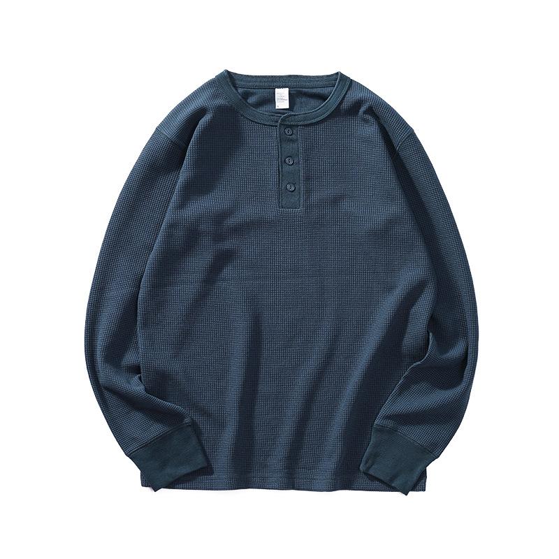 Herren Herbst Schwergewicht Retro Waffel Langarm T-Shirt Lockeres Henley Kragen Shirt