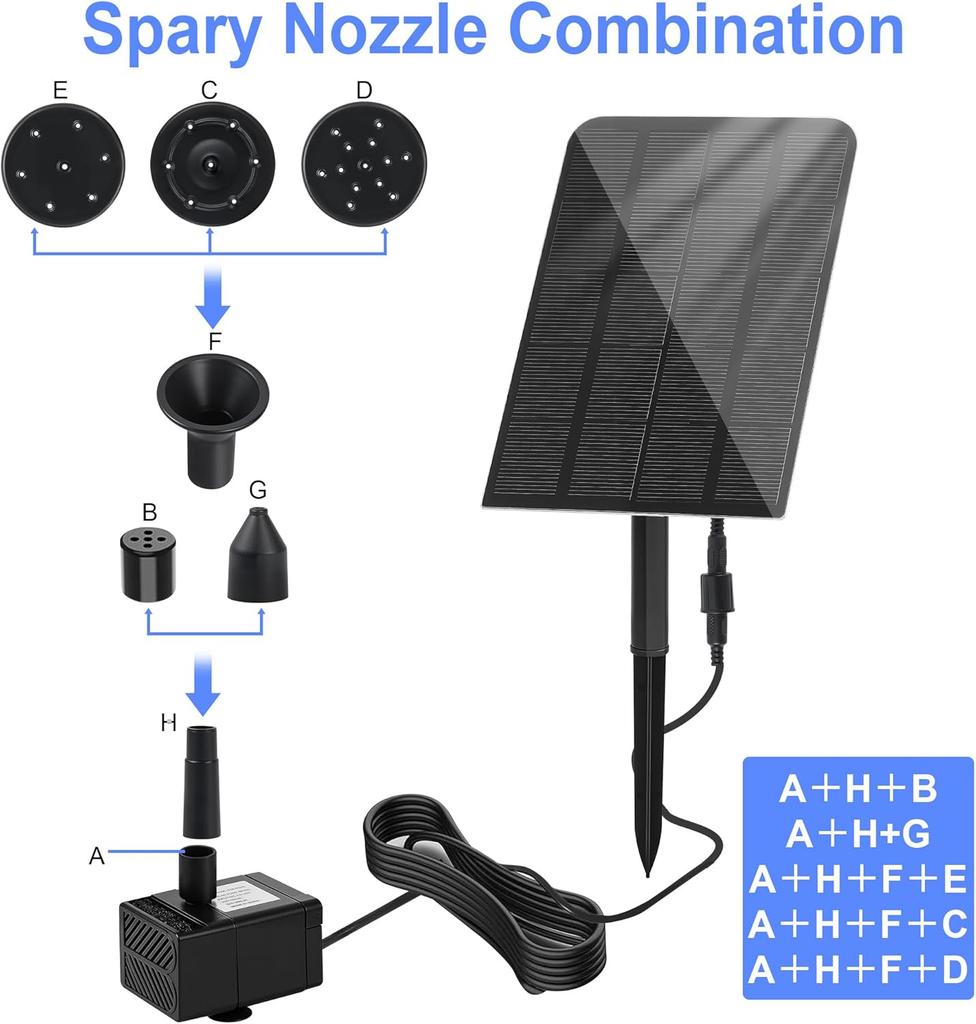 2.5W 5V Separated Solar Water Fountain Pump Kit with 5 Spray Nozzles Outdoor Water Feature for Bird Bath Small Pond Garden Decoration