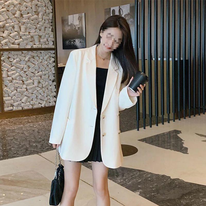 Beige Double-Breasted Loose Fit Blazer for Women - Korean Style Spring/Autumn
