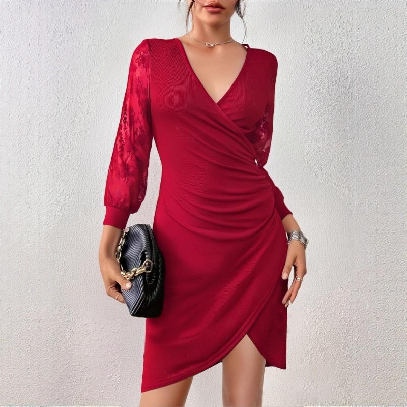 Women Sexy Slim Fit Lace Mesh Long Sleeve V Neck Bodycon Midi Dress