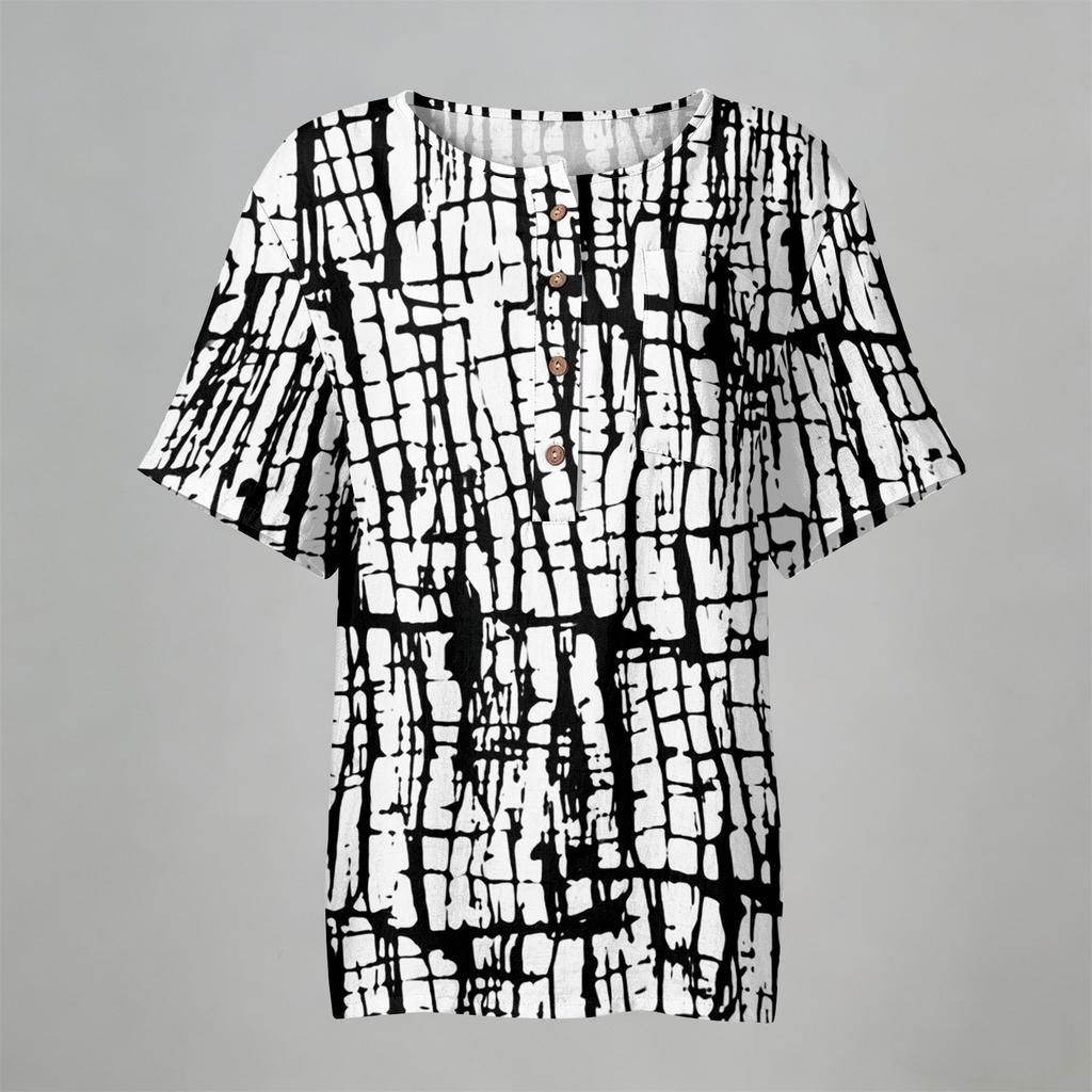 Women Henley Neck Printed Short Sleeve Cotton Linen Shirt with Front Pocket and Button Casual Fit Top