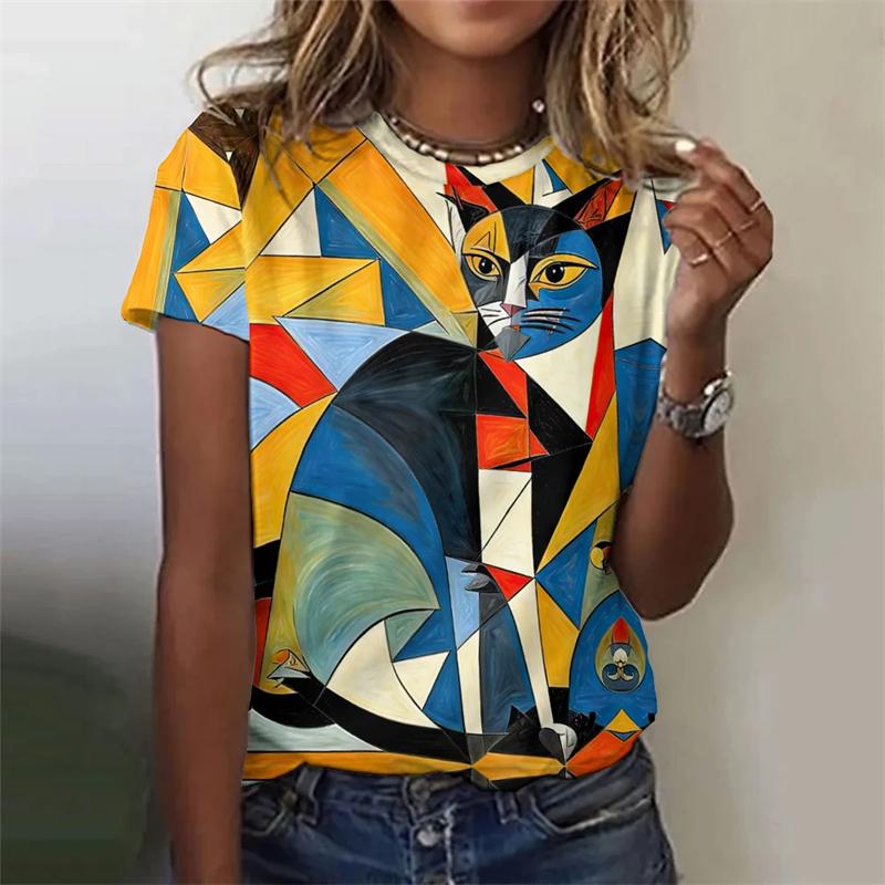 Summer Graffiti Cat 3d Print Men's T-shirt Oversized Short-sleeved O Neck Casual Funny Tops Vintage Female Tee Shirts