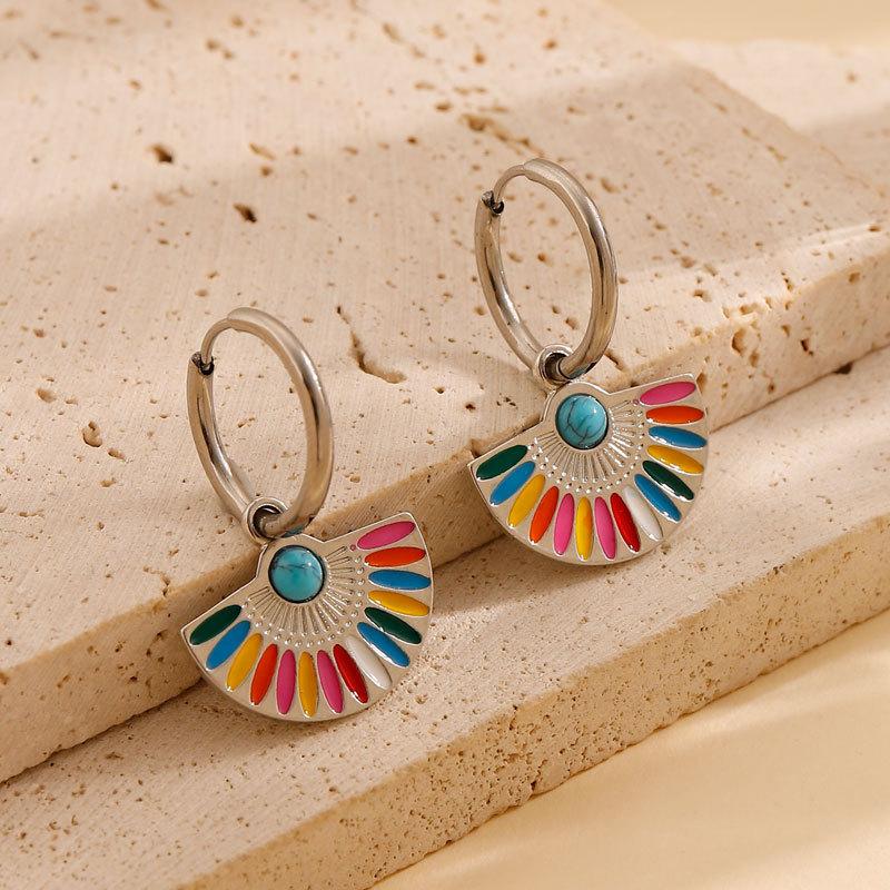 Bohemian Colorful Fan-Shaped Hoop Earrings for Women Vintage Waterproof Drip Oil Drop Earrings Fashion Charm Jewelry Accessories