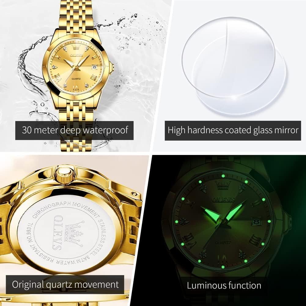 OLEVS Ladies Fashionable Quartz Ladies Watch Popular Waterproof Diamond Date Easy To See Luminous Gold Gift Ladies Watch