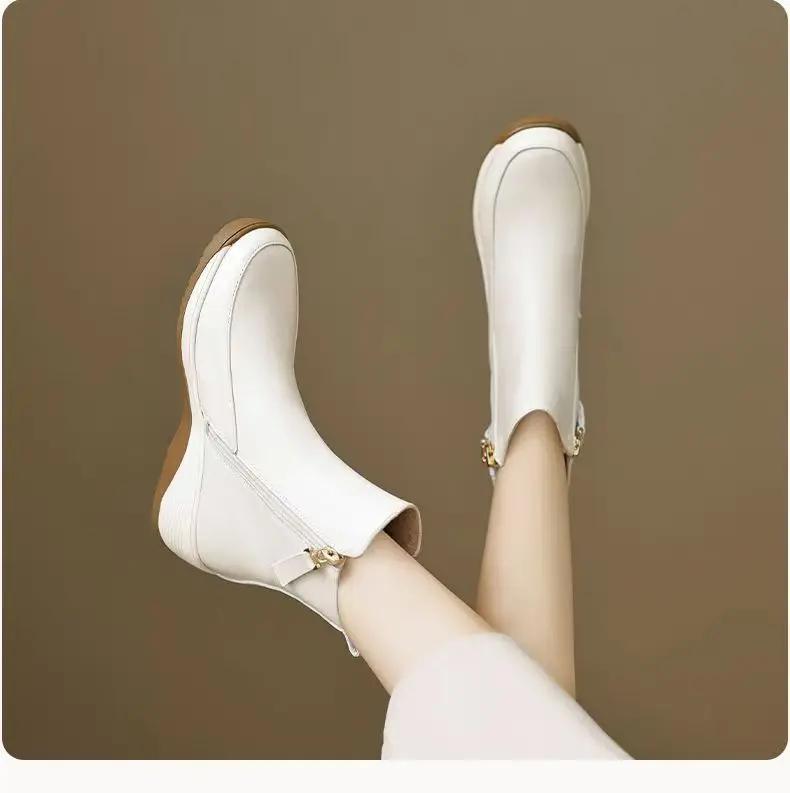 2024 New Autumn Winter British Style Platform Women's Boots Casual Simple Side Zipper Round Toe Wedge Ankle Boots