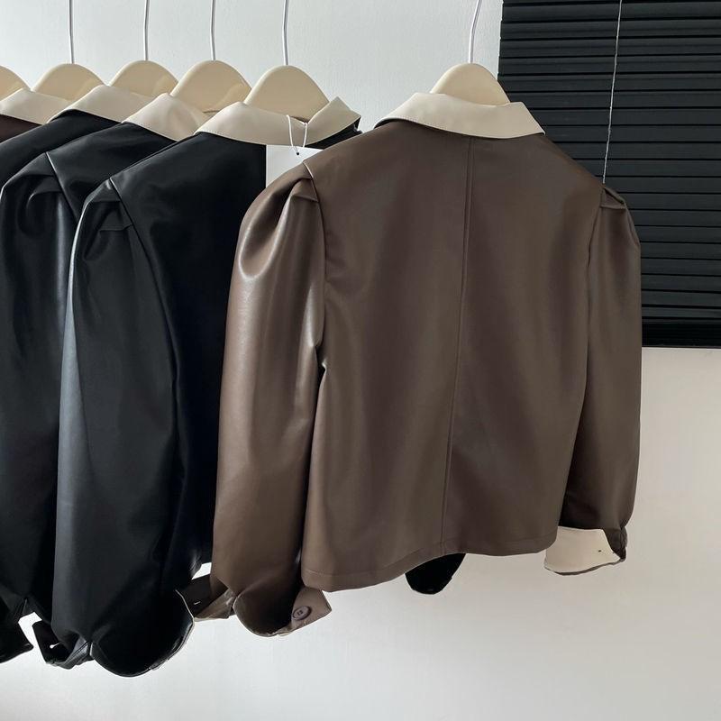 Chic Polo Short Faux Leather Jacket Color Block Vintage Hong Kong Style Fall Outerwear Women