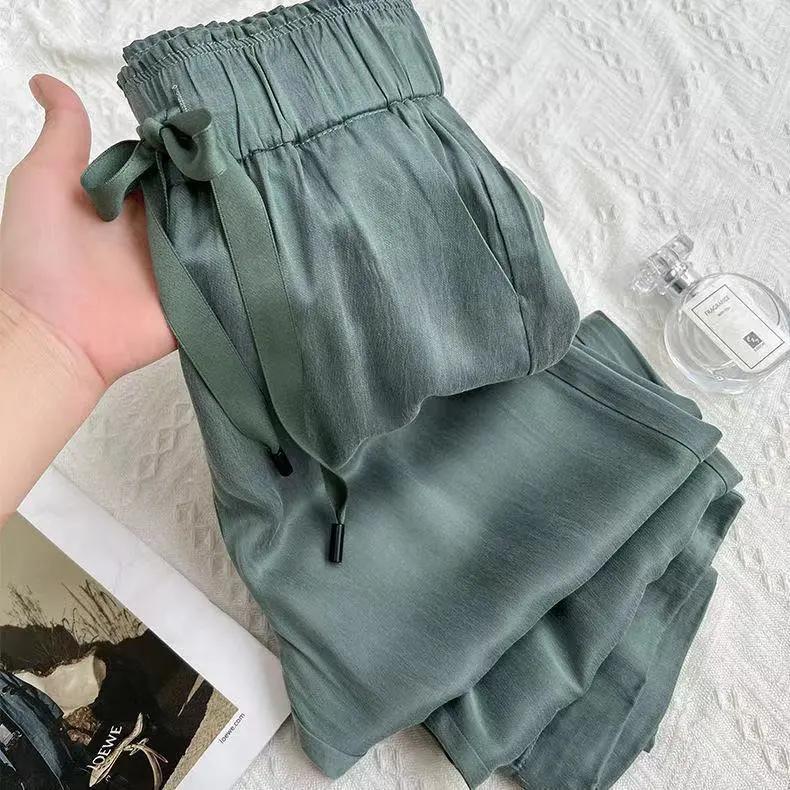 

Женские брюки Ice Silk Wide Leg, летние тонкие повседневные брюки, прямые брюки с высокой талией 3XL зелёный