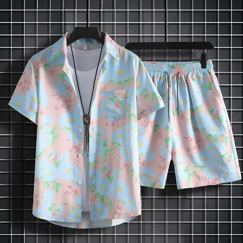 

Fashion Men s Summer Holiday Style Hawaiian Coconut Beach Printed Casual Comfort Short Sleeved Shirt Beach Shorts 2-piece Set S