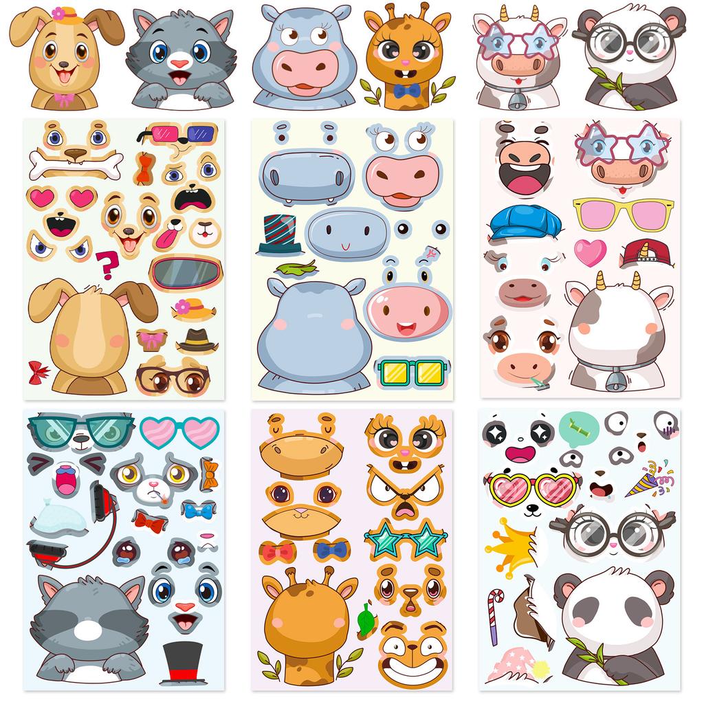 6 Pictures/pack of Beautiful Animals Hippo Cow Giraffe Cartoon Collage Children's Education Decoration Stickers
