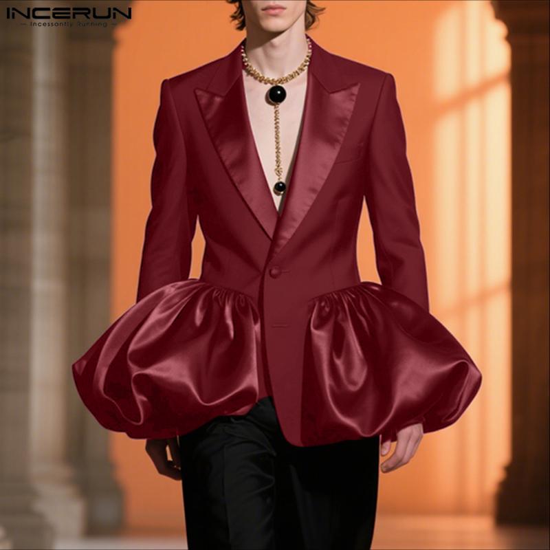 INCERUN Elegant Men Long Sleeve Ruffled Patchwork Thin Party Blazer Coats