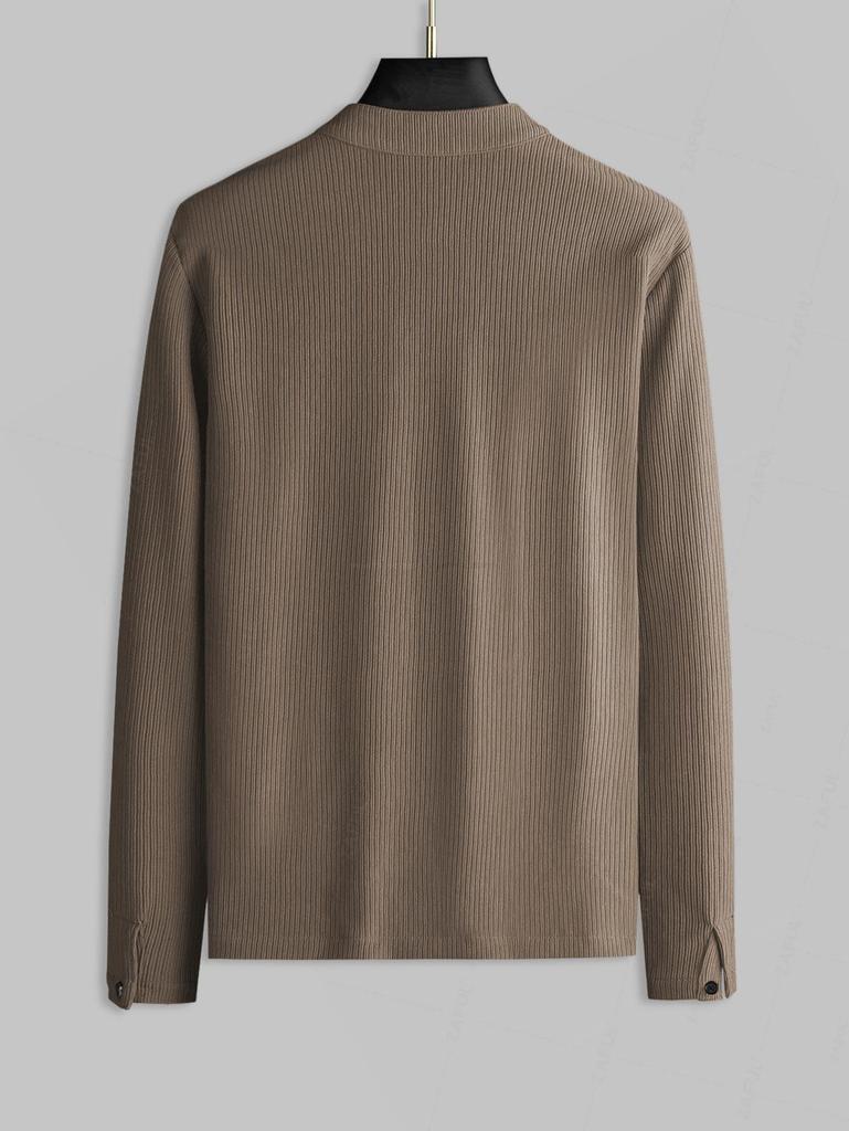 Men's Stand Collar Ribbed Jacquard Weave Button Front Long Sleeves Shirt and Straight Leg Drawstring Pants Set