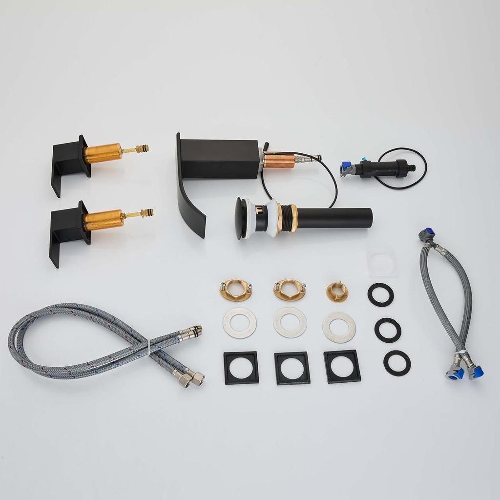 LED Waterfall Bathroom 3 Holes Basin Faucet, 2 Handles Cold Hot Water Mixers Sink Tap RGB Color Change Powered by Water Flow