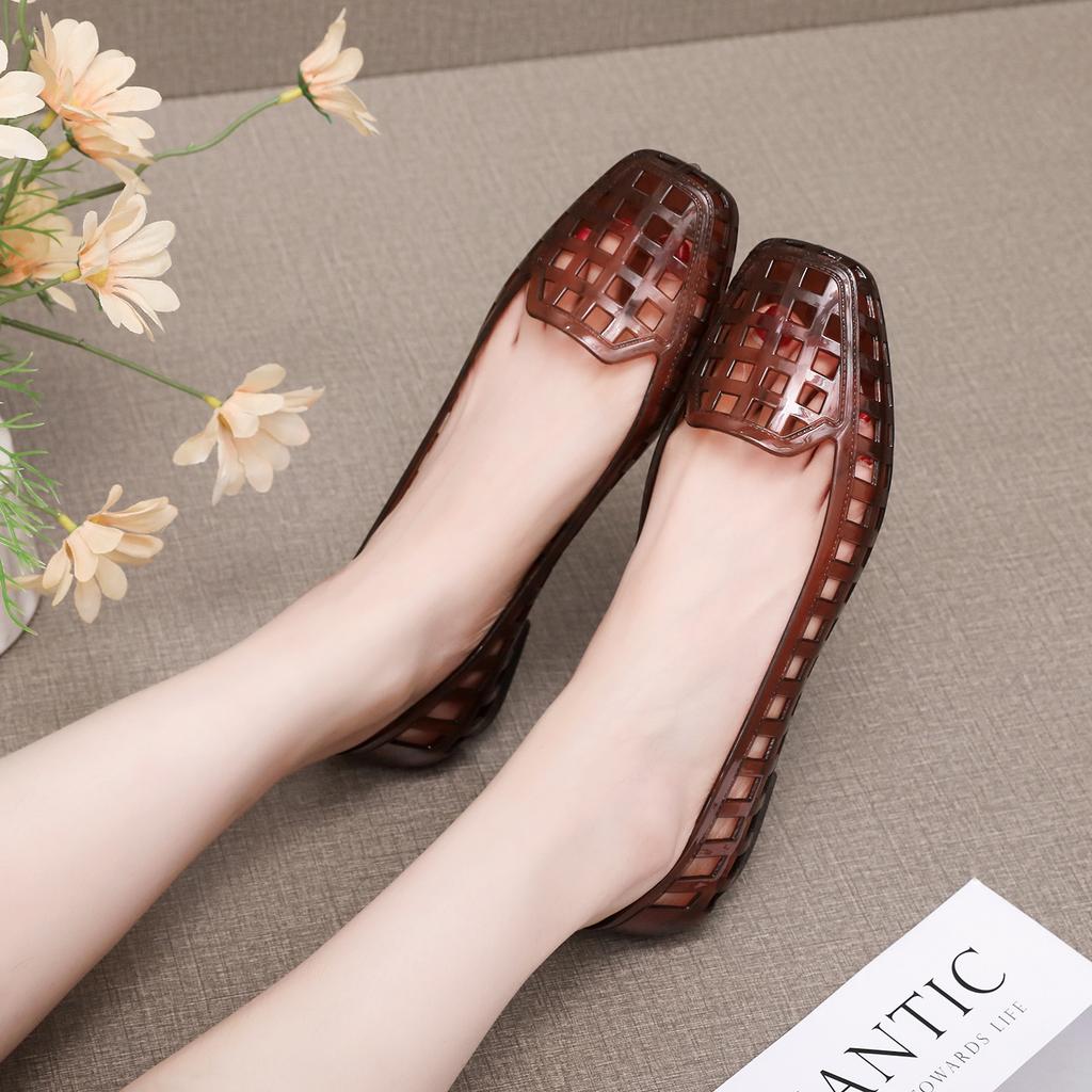 Square Head Flat Bottom Sandals Women's Summer Outer Wear Hollow Bag Bag Heel Jelly Shoes Beautiful Small Heel Shallow Mouth Fashion Shoes