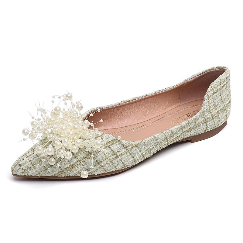 Fashion Fairy Women Tweed Cloth Shoes Pearl Beading Flats Ballerinas Ladies Pointed Toe Loafers Plaid Designer Moccasines Femmes Ballets