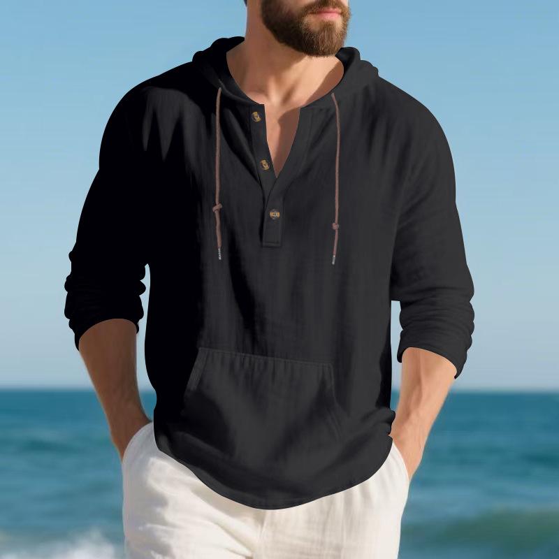 Men Casual Loose Long Sleeve Hooded Linen Blend Henley T Shirt