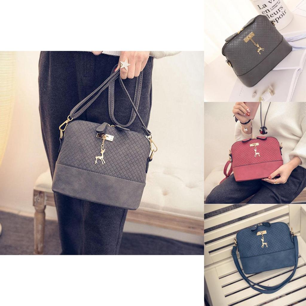 Elegant Square Grid Deer Pendant Shoulder Bag Messenger Tote Women With Premium Pu Leather