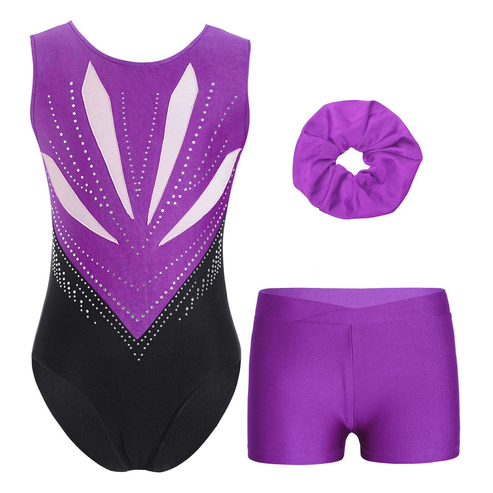 

Girls Gymnastics Dance Set Sleeveless Cutout Back Sparkly Rhinestones Leotard V Waistband Shorts Hair Band фіолетовий