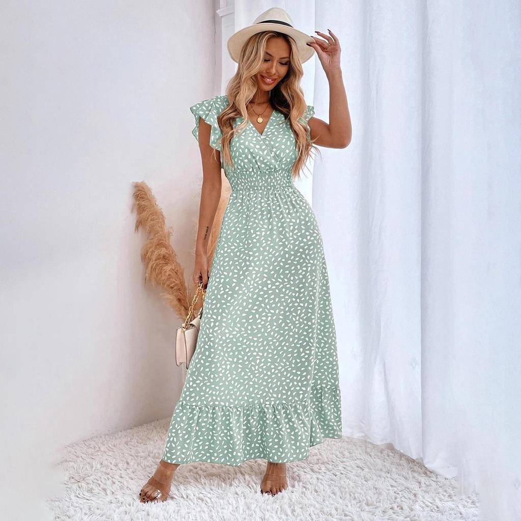 Women Summer Spring  Sleeveless Flower Print V-neck Casual A-Line Ankle-Length High Waist Dress