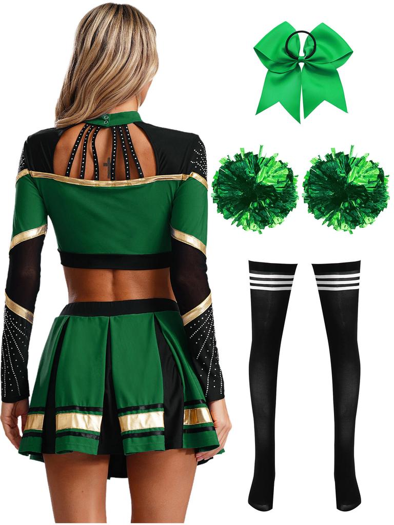 Damen Cheerleading Performance Tanz Outfit Langarm Stehkragen Strass Crop Top Faltenrock Haargummi Set