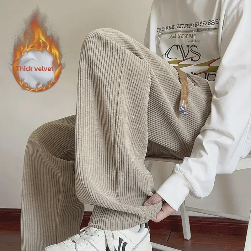 Khaki Velvet-Lined Corduroy Sweatpants for Boys - Oversized Wide-Leg Winter Trousers, American Style