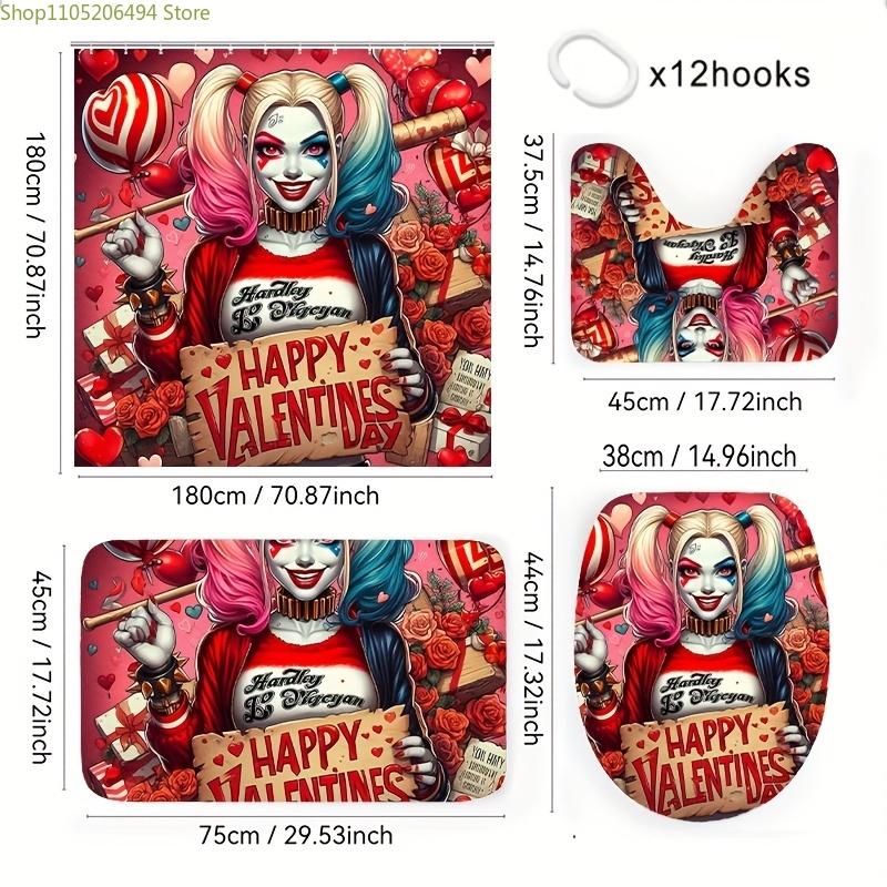 Warner Bros. 4pcs Joker & Harley Quinn Shower Curtain Set with 12 Hooks, Non-Slip Bath Mat, Toilet Lid Cover, and U-Shaped Mat