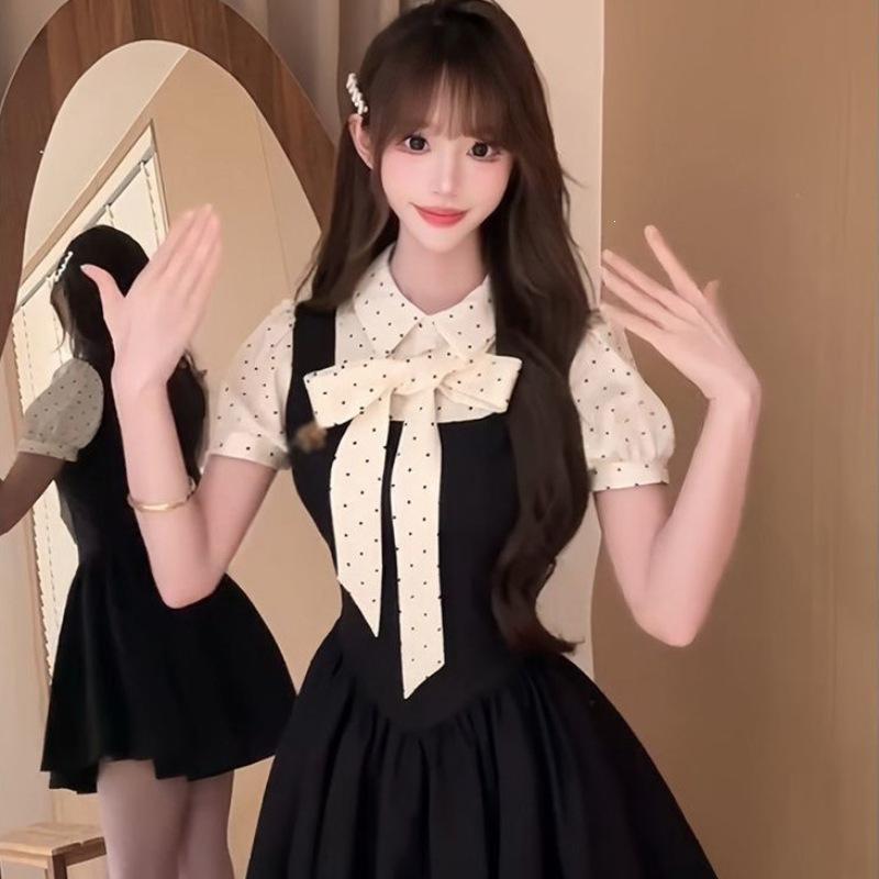 French College Style Fake Two-piece Dress Women's Summer Niche Temperament Polka Dot Fluffy Princess Dress Women's Clothing