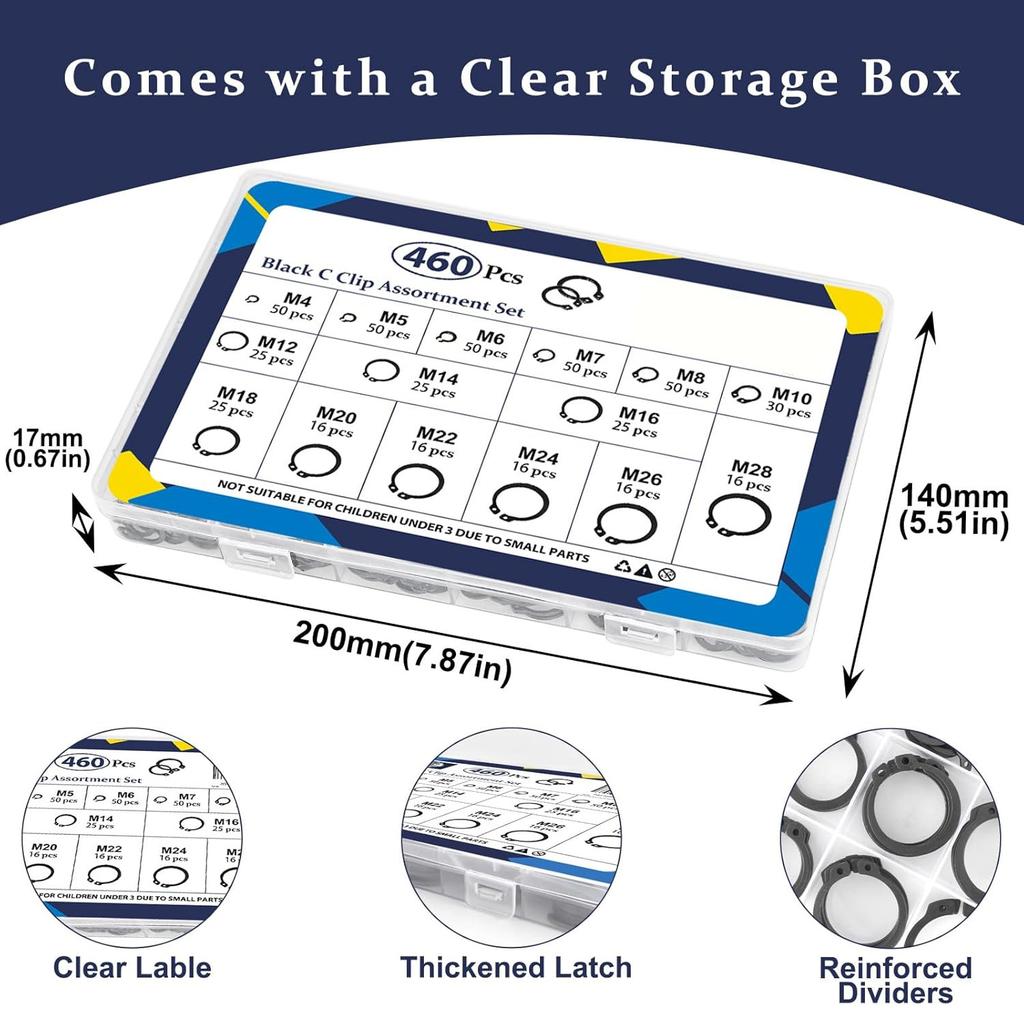 460PCS Metric M4-M28 External C-Clip Circlips Snap Retaining Rings 15 Sizes Assortment Kit for Shaft Auto Motorcycle Repair