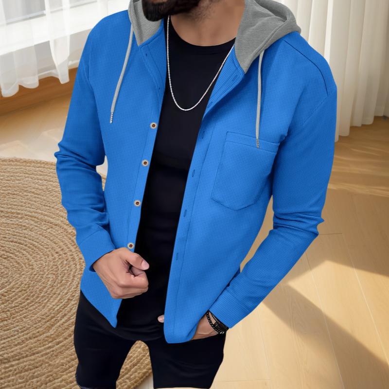 Spring Autumn New Men Solid Color Minimalist Casual Versatile Single Breasted Hooded Cardigan Outerwear Color Block Pocket Top
