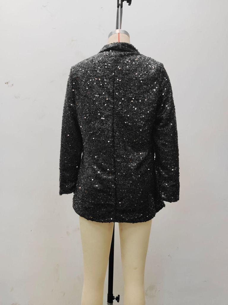 Europäische und amerikanische Mode Zweireihige schwarze Pailletten V-Ausschnitt Schlanke lange Anzugjacke