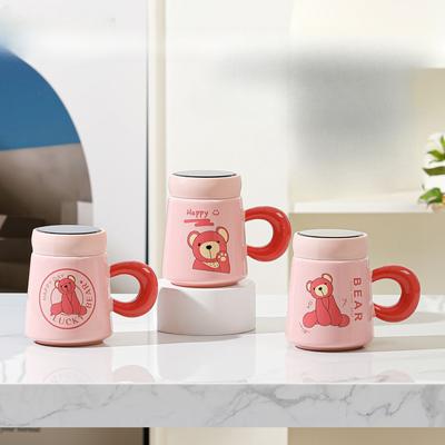 Cute Cartoon Ceramic Cup Water Cup Pink Bear High  Looking Couple Mug Home Home with Cover Gift