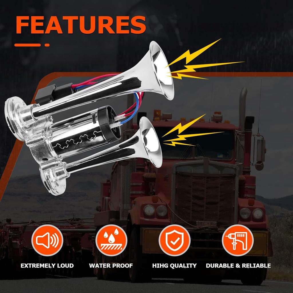 12V 600DB Upgraded Air Horn Dual Trumpets, Super Loud Train Electric Horn Kit with Air Compressor Compatible with 12V vehicles Trucks Trains Boats