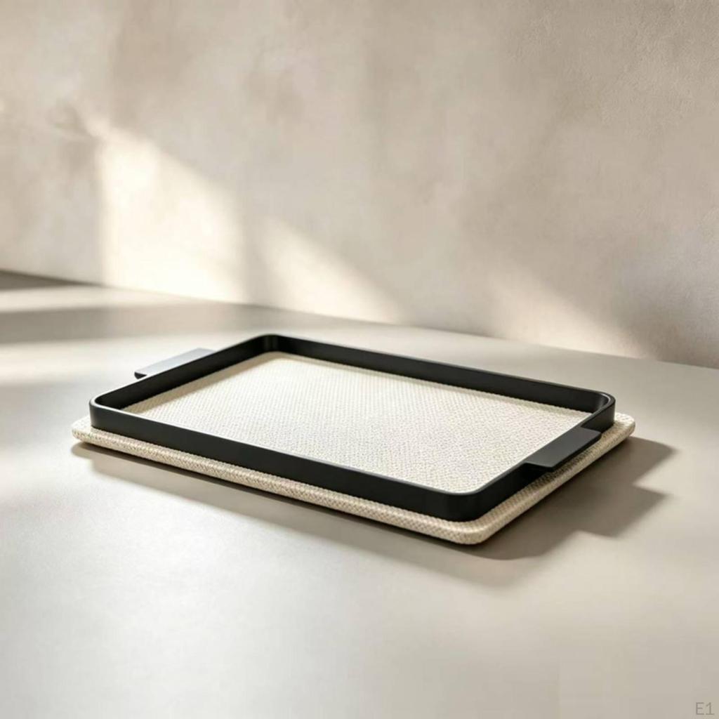 Decorative Tray with Metal Handles | Rectangular, LowProfile, Woven Texture Tray, for Coffee Table