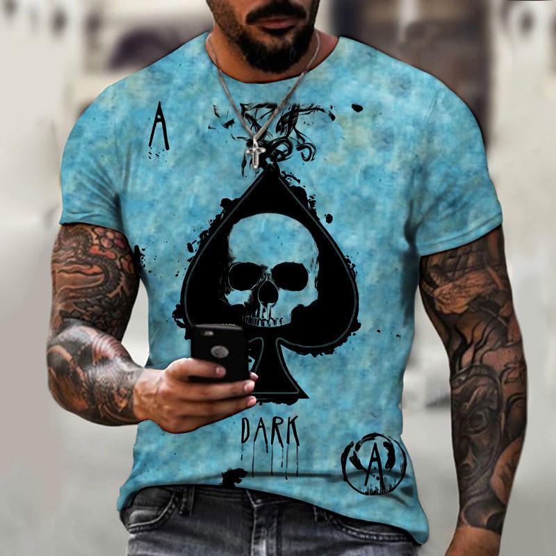 Mens Loose Fit Crew Neck Short Sleeve T-Shirt With 3D Poker Print Digital Lightweight Casual Streetwear