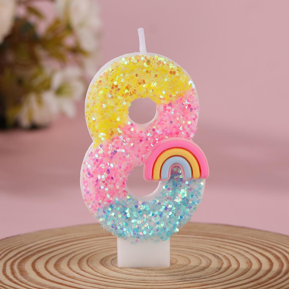 Rainbow Glitter Number Candles for Children's Birthday Cake, 0-9 Toppers