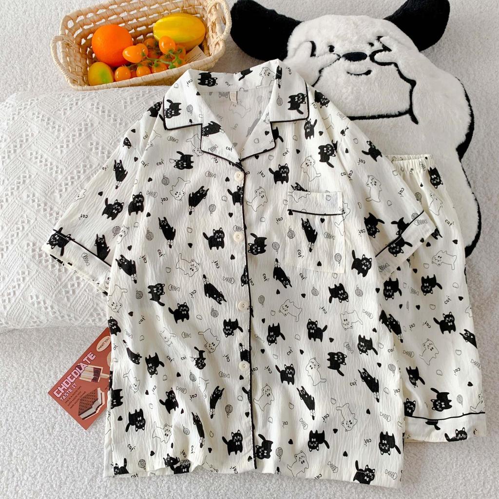 Women's Cartoon Cloud Cotton Pajama Set - Cardigan, Short Sleeve, Shorts, Home Wear